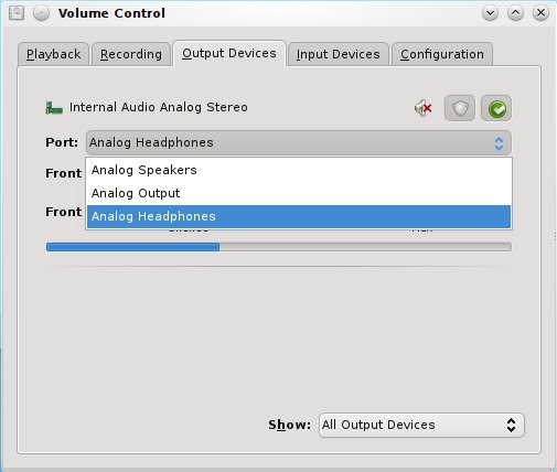 PulseAudio Volume Control showing selection of Headphones channel