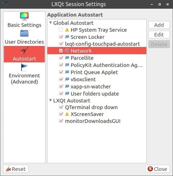 NetworkManager-applet selected in the Autostart section of LXQt Session Settings