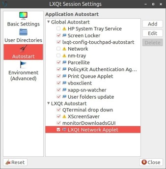 nm-tray applet selected in the Autostart section of LXQt Session Settings